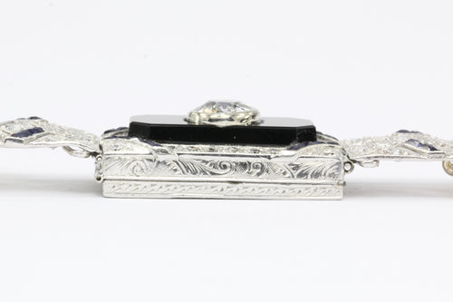 Art Deco Platinum Old European Diamond Sapphire Pearl Onyx Watch Conversion Bracelet - Queen May