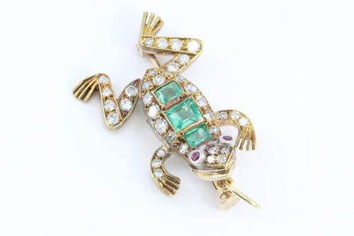 Vintage 18K Gold Diamond Ruby & Emerald French Frog Pendant / Brooch - Queen May