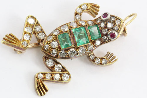Vintage 18K Gold Diamond Ruby & Emerald French Frog Pendant / Brooch - Queen May