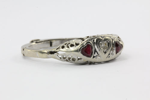 Antique Art Nouveau 14K White Gold Diamond & Ruby Triple 3 Heart Ring - Queen May