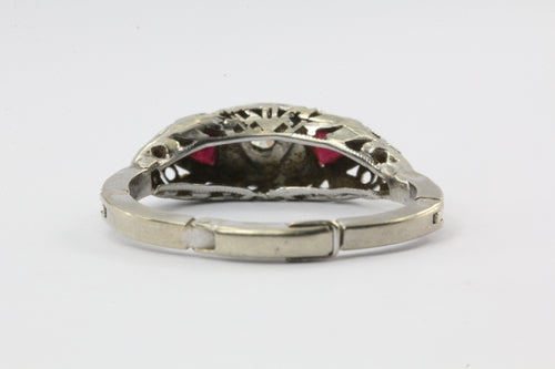 Antique Art Nouveau 14K White Gold Diamond & Ruby Triple 3 Heart Ring - Queen May