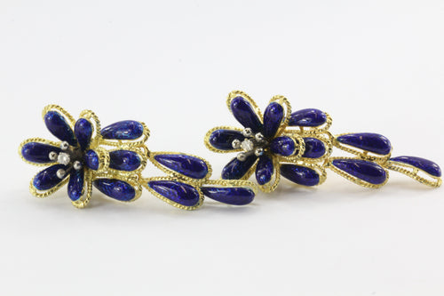 Vintage Mid Century Italian 18K Gold Blue Enamel & Diamond Drop Chunky Flower Earrings - Queen May