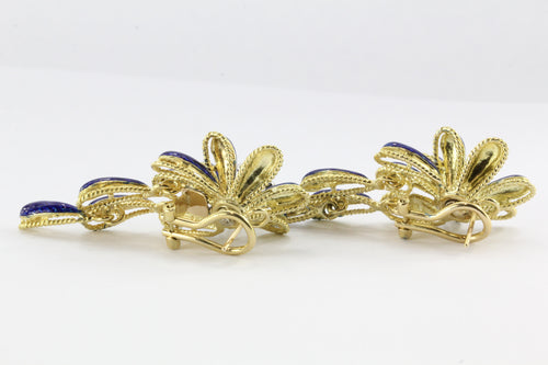Vintage Mid Century Italian 18K Gold Blue Enamel & Diamond Drop Chunky Flower Earrings - Queen May
