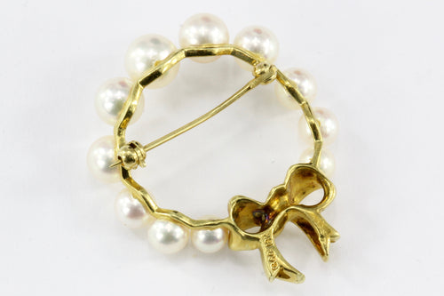 Tiffany & Co 18K Yellow Gold and Pearl Wreath with Bow Brooch Pin - Queen May
