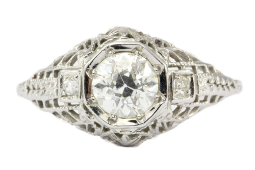 Art Deco 18K White Gold .80 CT Old European Cut Diamond Engagement Ring - Queen May