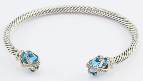 David Yurman Sterling Silver Cable Wrap with Blue Topaz Diamond Cuff Bracelet - Queen May