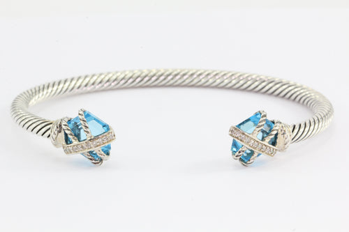 David Yurman Sterling Silver Cable Wrap with Blue Topaz Diamond Cuff B ...