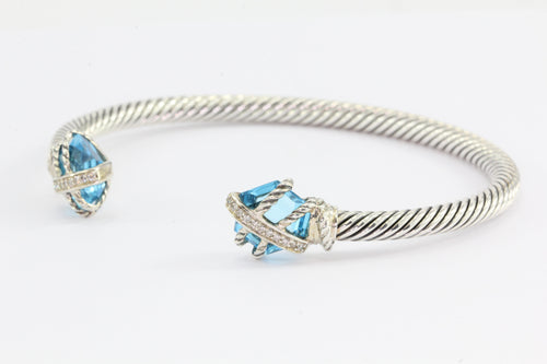 David Yurman Sterling Silver Cable Wrap with Blue Topaz Diamond Cuff B ...