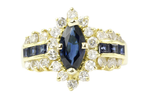 18K Yellow Gold Marquise 1.1 Carat Sapphire and 1.25 CTW Diamond Ring - Queen May