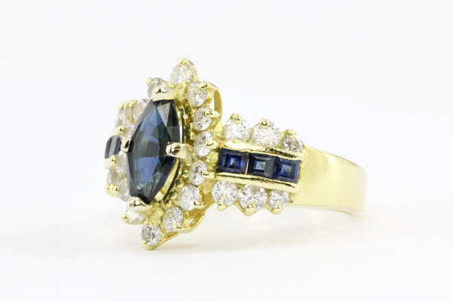 18K Yellow Gold Marquise 1.1 Carat Sapphire and 1.25 CTW Diamond Ring - Queen May