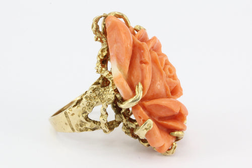 Retro 14K Yellow Gold Coral Carved Flower Cocktail Ring Size 7 - Queen May