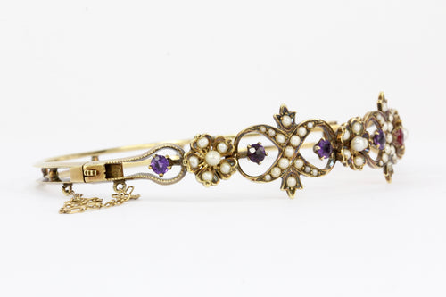 Victorian 14K Yellow Gold Amethyst Ruby & Seed Pearl Bangle Bracelet - Queen May