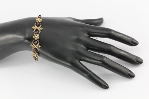 Victorian 14K Yellow Gold Amethyst Ruby & Seed Pearl Bangle Bracelet - Queen May