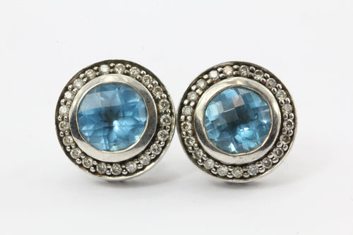 David Yurman Cerise Blue Topaz Diamond Round Earring Sterling Silver Studs - Queen May