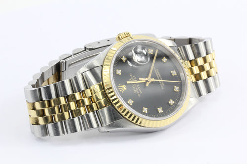 Rolex Oyster Datejust Gold & Steel 16233 Automatic Black Diamond Dial Watch - Queen May