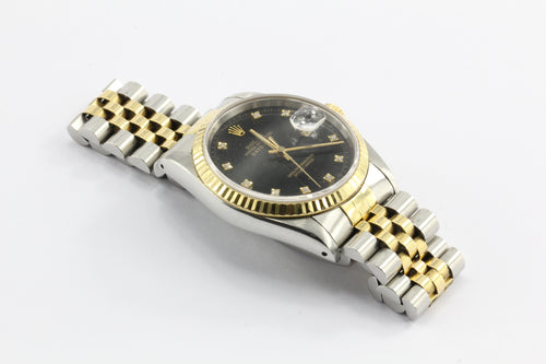 Rolex Oyster Datejust Gold & Steel 16233 Automatic Black Diamond Dial Watch - Queen May