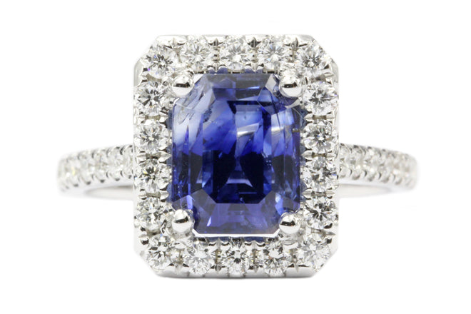 14K White Gold 3.97 Carat Natural Blue Sapphire and Diamond Halo Ring - Queen May