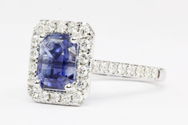 14K White Gold 3.97 Carat Natural Blue Sapphire and Diamond Halo Ring - Queen May