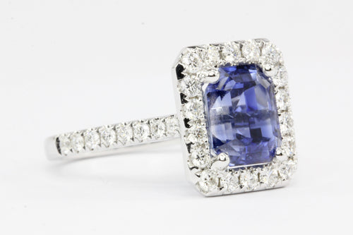 14K White Gold 3.97 Carat Natural Blue Sapphire and Diamond Halo Ring - Queen May