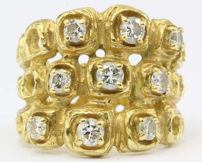 18K Gold Chunky Modernist Italian Honeycomb Diamond Ring c.1970 - Queen May