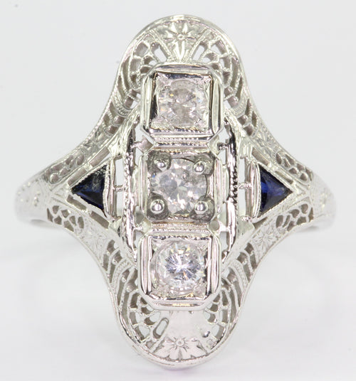Art Deco 18K White Gold Diamond & Sapphire Engagement Ring c.1920 - Queen May