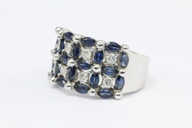 14K White Gold Blue Sapphire & Diamond Roman Fence Ring - Queen May