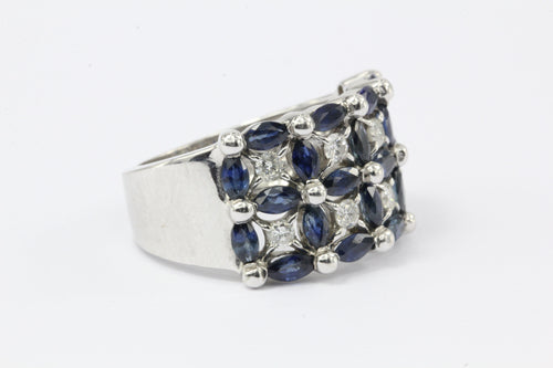 14K White Gold Blue Sapphire & Diamond Roman Fence Ring - Queen May