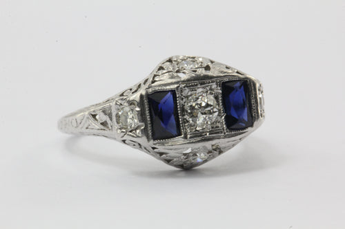 Antique Art Deco Platinum Old European Diamond & Sapphire Ring - Queen May