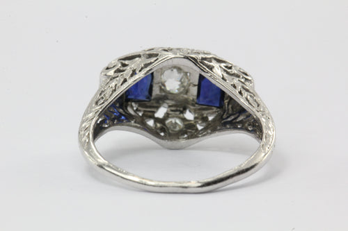 Antique Art Deco Platinum Old European Diamond & Sapphire Ring - Queen May