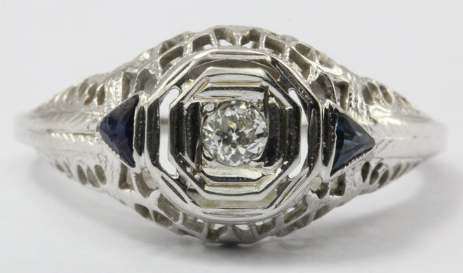 Antique Art Deco 18K White Gold Old European Diamond & Sapphire Engagement Ring - Queen May