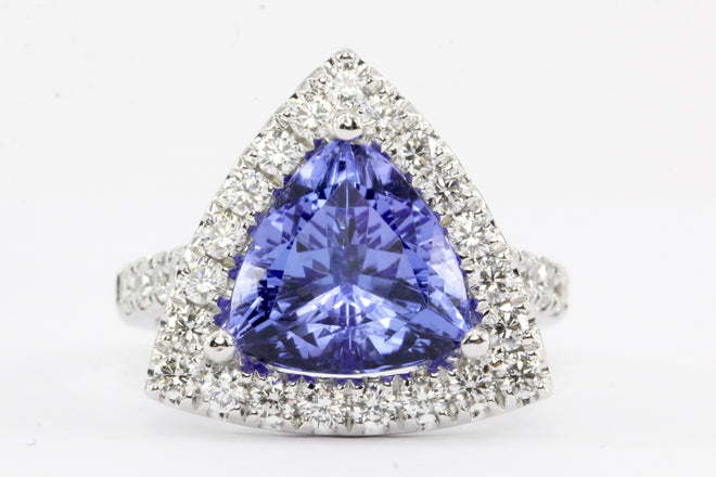 14K White Gold 4 Carat Trillion Cut Tanzanite and Diamond Halo Ring - Queen May