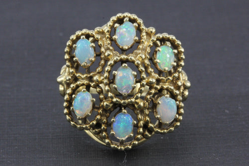 Mid Century 14K Yellow Gold Opal Flower Cocktail Ring Size 7 - Queen May