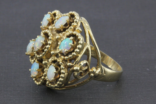 Mid Century 14K Yellow Gold Opal Flower Cocktail Ring Size 7 - Queen May