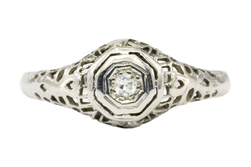 Art Deco 18K White Gold .05 CT Diamond Filigree Engagement Ring Size 8 - Queen May