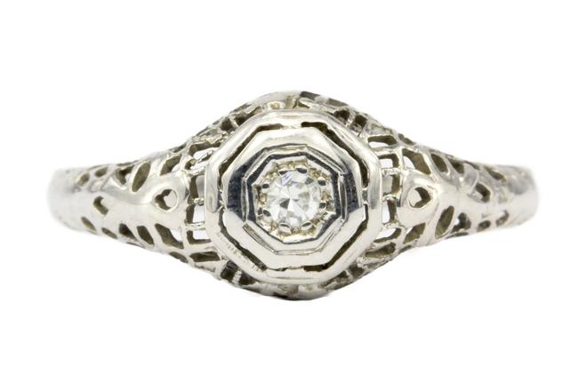 Art Deco 18K White Gold .05 CT Diamond Filigree Engagement Ring Size 8 - Queen May