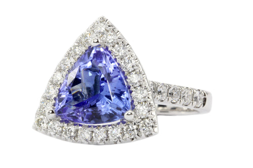 14K White Gold 4 Carat Trillion Cut Tanzanite and Diamond Halo Ring - Queen May