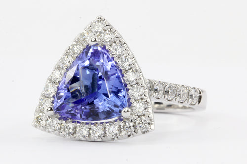 14K White Gold 4 Carat Trillion Cut Tanzanite and Diamond Halo Ring - Queen May