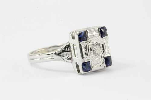 Art Deco 18K White Gold Sapphire & Diamond Engagement Ring c.1925 - Queen May