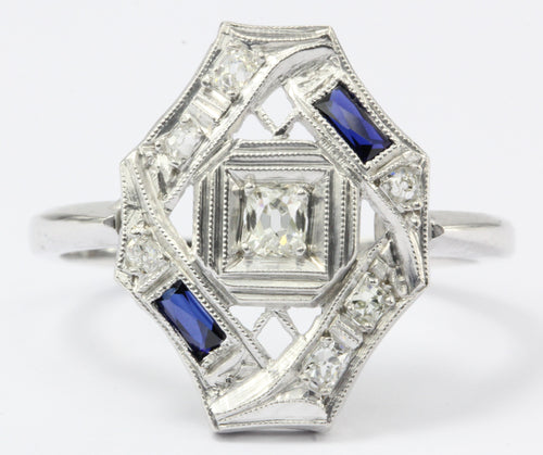 Art Deco Old Mine Diamond & Sapphire 14K White Gold & Platinum Conversion Ring - Queen May