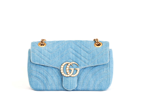 Gucci Limited Edition Blue Denim Pearl Marmont Shoulder Bag - Queen May