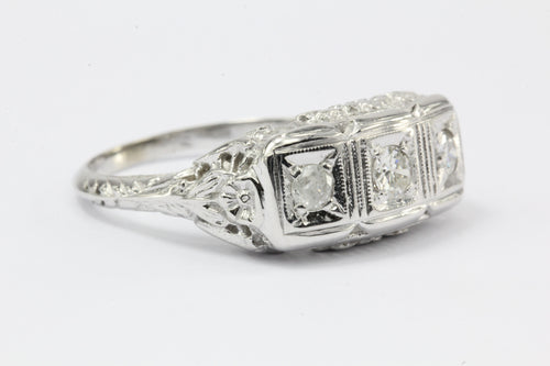 Art Deco 14K White Gold 3 Stone Diamond Engagement Ring c.1920 - Queen May