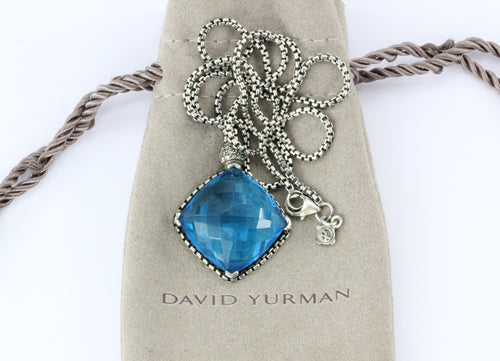 David Yurman Sterling Silver Blue Topaz & Diamond Cushion On Point Necklace - Queen May