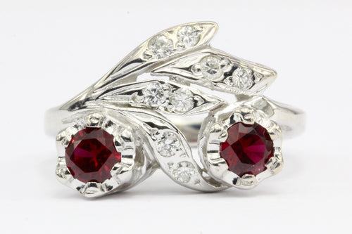 Retro 14K White Gold Natural Ruby and Diamond Ring Size 4.75 - Queen May