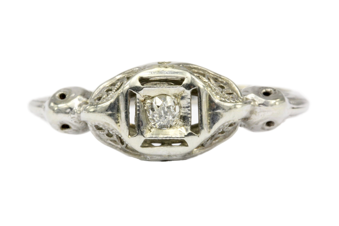 Art Deco 14K White Gold .04 CT Diamond Engagement Ring Size 6.75 - Queen May