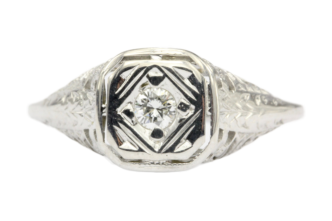 Art Deco 14K White Gold Filigree Diamond Engagement Ring Size 5.5 - Queen May