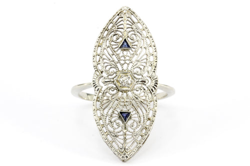 Art Deco Brooch Conversion 14K White Gold Filigree and Sapphire Ring Size 6.5 - Queen May