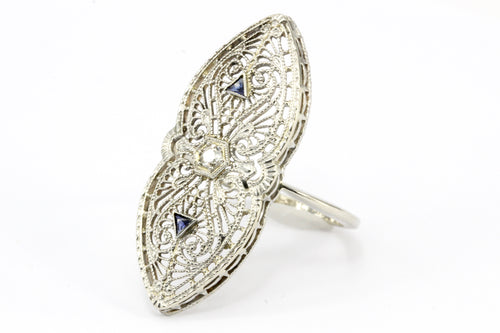Art Deco Brooch Conversion 14K White Gold Filigree and Sapphire Ring Size 6.5 - Queen May