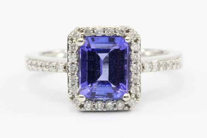 14K White Gold Tanzanite Diamond Halo Ring Size 6.25 - Queen May