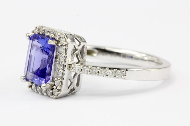 14K White Gold Tanzanite Diamond Halo Ring Size 6.25 - Queen May