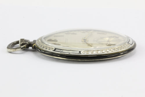 Art Deco 18K White Gold Black Enamel Ultra Thin Gubelin Pocket Watch c.1924 - Queen May